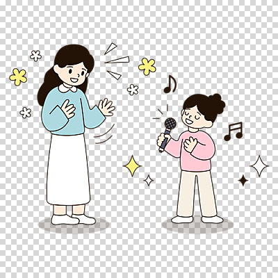 전신 편집이미지 여자 꽃 어린이 음표 노래 들기 누끼 소녀 성인 두명 손들기 눈감음 마이크 PNG 여자만 식물 기호 음악 음향기기 모션 사람 파일형식