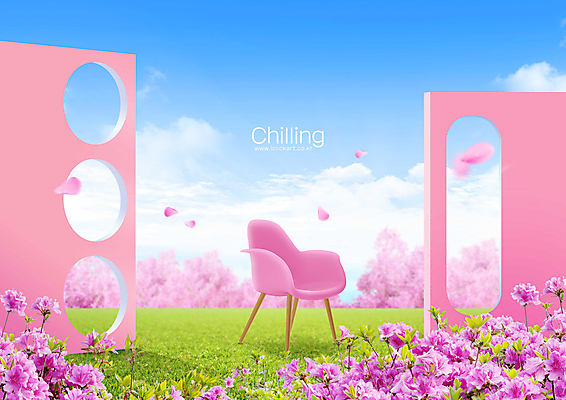 PSD 구름 편집이미지 꽃잎 꽃 벽 분홍색 백그라운드 의자 자연 하늘 잔디 사람없음 봄풍경 철쭉 이미지편집 자연요소 식물 컬러 가구 풍경 봄 생태계 파일형식