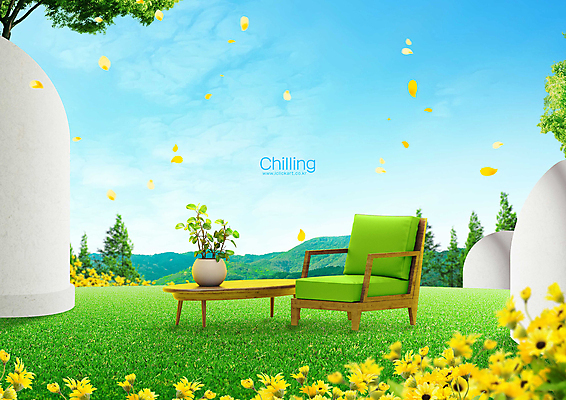 PSD 나무 구름 편집이미지 꽃잎 꽃 백그라운드 의자 자연 탁자 하늘 산 잔디 사람없음 초록색 봄풍경 이미지편집 자연요소 식물 컬러 가구 풍경 봄 생태계 파일형식