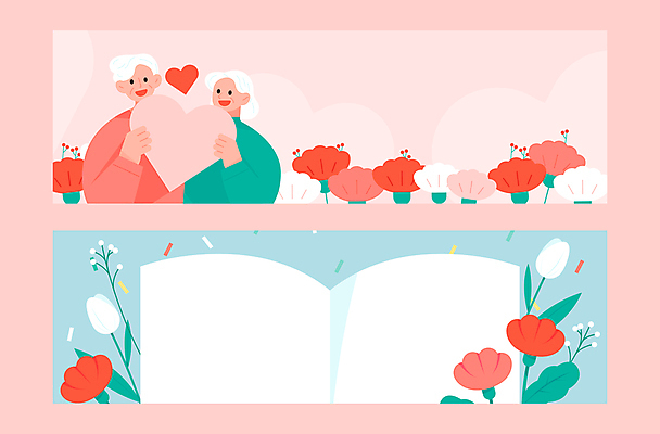 배너 여자 노년 남자 분홍색 하늘색 일러스트 프레임 들기 상반신 두명 부모 튤립 하트 축하 스승의날 카네이션 감사 가정의달 책모양 노인만 카피스페이스 국내일러스트 AI파일 모양 기념일 꽃 감정 컬러 컨셉 가족 모션 사람 성인 파란색 공백 5월 성인만 파일형식 벡터