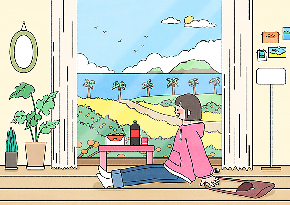 PSD 나무 여자 화분 바다 가방 일러스트 탁자 숙소 휴식 조명 한명 앉기 풍경 성인 제주도 봄 거울 유채 엽서 콜라 창밖 귤나무 배달상자 성인여자한명만 국내일러스트 식물 1 잡화 계절 꽃 가구 컨셉 창문 모션 귤 한국 사람 상자 편지 탄산음료 여자한명만 성인여자만 파일형식