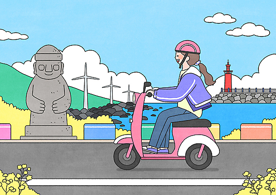 전신 PSD 구름 여자 도로 바다 일러스트 하늘 등대 한명 성인 제주도 운전 스쿠터 풍력에너지 헬멧 돌하르방 유채 풍력기 현무암 성인여자한명만 국내일러스트 자연요소 1 꽃 길 교통시설 모션 한국 사람 오토바이 그린에너지 보호장비 화산암 여자한명만 성인여자만 파일형식