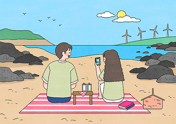 전신 PSD 구름 커플 여자 남자 바다 섬 일러스트 탁자 조류 들기 앉기 성인 두명 책 스마트폰 태양 제주도 소풍 사진촬영 풍력에너지 돗자리 소풍바구니 현무암 성인만 국내일러스트 자연요소 동물 가구 관계 모션 한국 사람 핸드폰 스마트기기 야외활동 바구니 촬영 그린에너지 화산암 파일형식