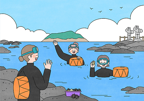 PSD 구름 여자 바다 섬 일러스트 조류 들기 상반신 성인 세명 제주도 바구니 바위 체험 물안경 손인사 해녀 해삼 성게 해녀도구 해녀복장 해녀상 성인여자만 테왁 국내일러스트 자연요소 동물 직업 옷 컨셉 모션 극피동물 한국 사람 조각상 돌_바위 도구 인사 해산물 수영용품 어구 여자만 성인만 파일형식