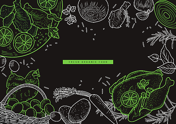 그릇 라인일러스트 일러스트 양파 감자 마늘 사람없음 연두색 바구니 계란 검은색 통닭 닭고기 당근 닭 레몬 허브 로즈메리 국내일러스트 AI파일 식물 식기 컬러 채소 과일 조류 뿌리채소 육류 초록색 알 치킨 파일형식 벡터