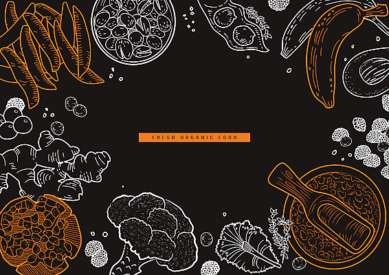 그릇 라인일러스트 일러스트 콩 바나나 사람없음 검은색 주황색 허브 블루베리 생강 아보카도 오트밀 피스타치오 적겨자잎 국내일러스트 AI파일 식물 식기 컬러 채소 과일 곡류 견과류 파일형식 벡터 귀리