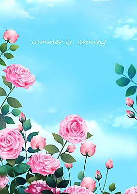 PSD 구름 분홍색 잎 일러스트 자연 하늘 사람없음 여름 장미 국내일러스트 자연요소 식물 계절 꽃 컬러 생태계 파일형식