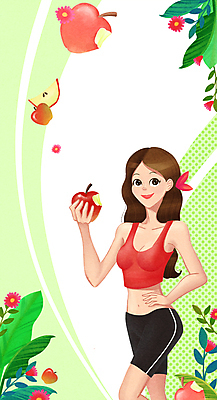 PSD 긴머리 여자 꽃 허리손 포즈 다이어트 일러스트 한명 들기 상반신 성인 연두색 운동복 사과 식단 성인여자한명만 국내일러스트 식물 1 헤어스타일 옷 과일 모션 건강 사람 초록색 여자한명만 성인여자만 파일형식