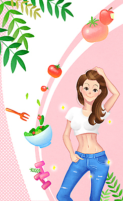 PSD 식물 긴머리 여자 분홍색 포즈 포크 다이어트 토마토 일러스트 한명 웃음 상반신 성인 운동 아령 샐러드 청바지 사과 식단 복근 흰티 성인여자한명만 국내일러스트 1 헤어스타일 식기 음식 컬러 티셔츠 채소 과일 바지 근육 표정 건강 사람 여자한명만 성인여자만 파일형식