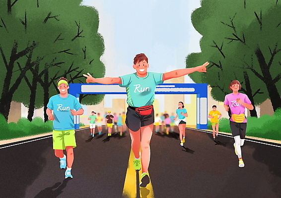 전신 PSD 여자 남자 도로 일러스트 팔벌리기 여러명 성인 운동복 달리기 군중 생활체육 마라톤 성인만 국내일러스트 옷 길 다수 교통시설 모션 사람 경기 운동 육상스포츠 파일형식