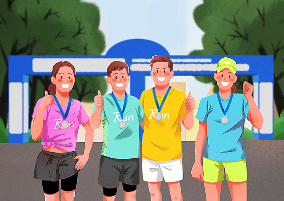 PSD 여자 남자 일러스트 어깨동무 웃음 여러명 상반신 성인 운동복 달리기 손들기 파이팅 메달 생활체육 따봉 마라톤 기념사진 완주 성인만 국내일러스트 옷 포즈 다수 모션 표정 사람 경기 운동 최고 육상스포츠 상_상패 파일형식
