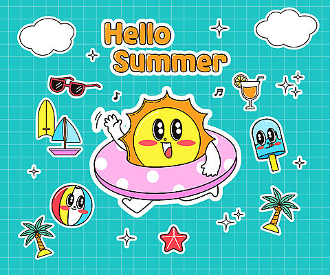 구름 캐릭터 음료 하늘색 스티커 요트 일러스트 공 아이스크림 불가사리 들기 타이포그라피 사람없음 반짝임 세트 선글라스 야자수 태양 서핑보드 돛단배 튜브 일러캐릭터 AI파일 자연요소 나무 문자 안경 배_교통 모션 디저트 극피동물 파란색 보드_스포츠 파일형식 벡터