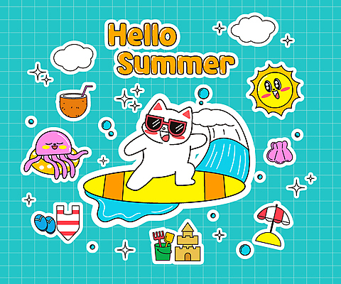 구름 캐릭터 수영복 파도 하늘색 스티커 일러스트 조개 슬리퍼 타이포그라피 사람없음 반짝임 세트 태양 파라솔 서핑보드 서핑 강아지 코코넛 모래성 튜브 해파리 일러캐릭터 AI파일 자연요소 문자 옷 모래 바다 신발 과일 모션 어패류 파란색 반려동물 수상스포츠 보드_스포츠 자포동물 개 파일형식 벡터