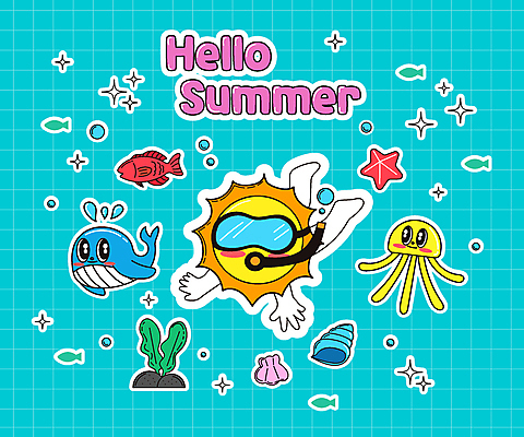 캐릭터 하늘색 스티커 일러스트 조개 불가사리 어류 타이포그라피 사람없음 반짝임 세트 태양 물방울 해초 소라 고래 해파리 스노클링용품 일러캐릭터 AI파일 자연요소 문자 스포츠용품 포유류 모션 어패류 극피동물 파란색 수중동물 스노클링 해조류 자포동물 파일형식 벡터