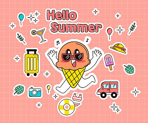 캐릭터 수영복 스티커 일러스트 자동차 나뭇잎 아이스크림 타이포그라피 사람없음 여름 반짝임 세트 카메라 캐리어 만세 밀짚모자 풍선 튜브 코랄 일러캐릭터 AI파일 문자 모자_잡화 옷 계절 육상교통 컬러 잎 모션 디저트 전자제품 여행가방 파일형식 벡터