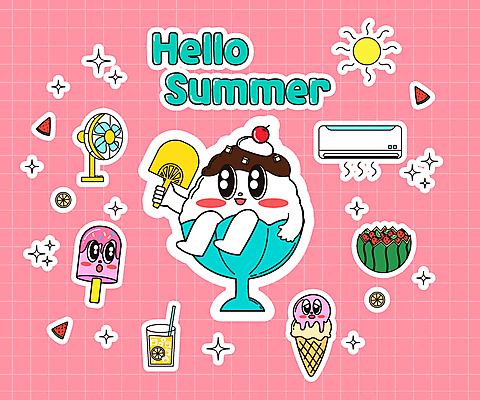 캐릭터 음료 분홍색 스티커 일러스트 아이스크림 수박 들기 타이포그라피 사람없음 여름 반짝임 세트 태양 부채 선풍기 레몬 레모네이드 에어컨 빙수 수박화채 화채 일러캐릭터 AI파일 자연요소 문자 계절 컬러 과일 모션 디저트 가전제품 여름간식 에이드 파일형식 벡터