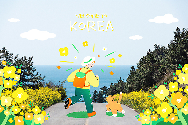 전신 백인 남자 꽃 길 일러스트 배낭 한명 성인 제주도 여행객 걷기 고양이 봄풍경 봄 트래킹 등산객 유채 국내여행 올레길 성인남자한명만 국내일러스트 AI파일 서양인 식물 1 계절 여행 가방 포유류 모션 레저 한국 사람 풍경 반려동물 등산 남자한명만 성인남자만 파일형식 벡터