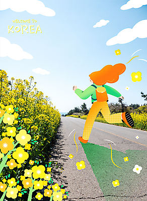 전신 백인 구름 여자 꽃 도로 일러스트 배낭 하늘 한명 성인 달리기 제주도 여행객 봄풍경 봄 트래킹 등산객 유채 국내여행 올레길 성인여자한명만 국내일러스트 AI파일 자연요소 서양인 식물 1 계절 길 여행 가방 교통시설 모션 레저 한국 사람 풍경 등산 여자한명만 성인여자만 파일형식 벡터