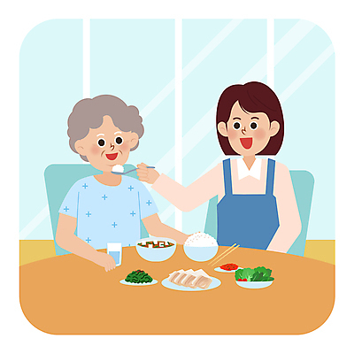 여자 노년 할머니 일러스트 밥 반찬 수저 들기 앉기 상반신 성인 두명 식사 먹여주기 물컵 요양 요양원 노인요양 요양보호사 돌봄 여자만 돌봄서비스 돌보미 국내일러스트 AI파일 직업 식기 음식 모션 사람 컵 먹기 간호 서비스 파일형식 벡터