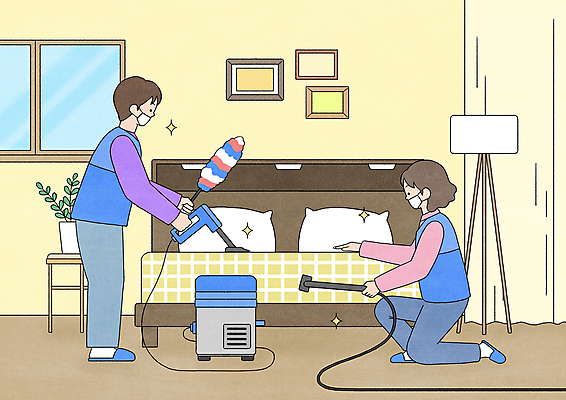 전신 PSD 여자 남자 화분 액자 일러스트 침구 조명 서기 들기 성인 두명 깨끗함 청결 침실 침대 무릎꿇기 먼지떨이 청소기 청소부 대청소 안방 성인만 청소업체 국내일러스트 직업 가구 컨셉 모션 사람 전자제품 위생 청소도구 청소 파일형식