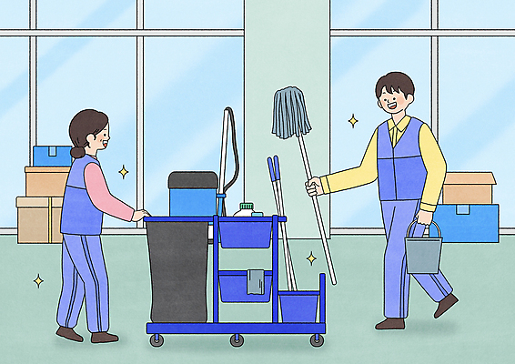 전신 PSD 여자 남자 일러스트 창문 들기 성인 두명 상자 사무실 걷기 깨끗함 청결 카트 짐 밀기 청소도구 청소 양동이 청소기 청소부 대걸레 성인만 청소업체 국내일러스트 직업 컨셉 비즈니스 모션 사람 전자제품 도구 위생 파일형식