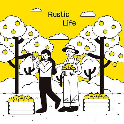 전신 나무 구름 여자 남자 일러스트 들기 성인 두명 노란색 바구니 수확 풀 사과 과수원 전원생활 사과상자 성인만 국내일러스트 AI파일 자연요소 식물 컬러 농업 과일 모션 사람 생활 상자 파일형식 벡터