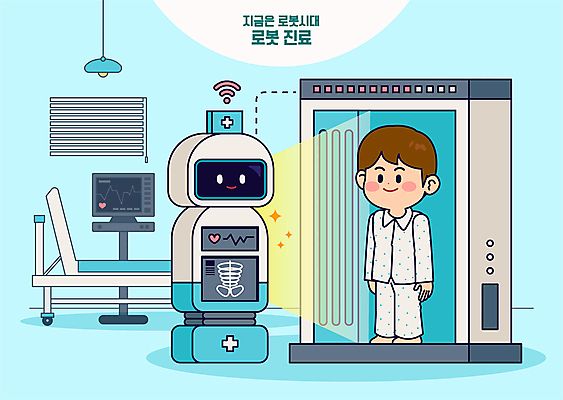 전신 남자 하늘색 일러스트 조명 엑스레이 병원 한명 서기 성인 진료 환자 침대 블라인드 로봇 확인 환자복 스캔 심장박동기계 성인남자한명만 의료로봇 AI_인공지능 국내일러스트 AI파일 1 옷 가구 의학 모션 사람 파란색 의료용품 커튼 남자한명만 성인남자만 파일형식 벡터