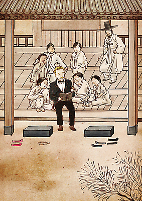 전신 PSD 서양인 여자 남자 기독교 어린이 일러스트 붓터치 한옥 앉기 소녀 소년 여러명 책 학습 천주교 대청 한복 조선시대 동양화 과거 양반 선교사 선교 선교활동 선비 옹기종기 국내일러스트 갓모자 외국인 모자_잡화 한국전통 교육 종교 다수 컨셉 고건축 모션 전통소품 미술 사람 기독교인 역사 전통의상 신분 파일형식