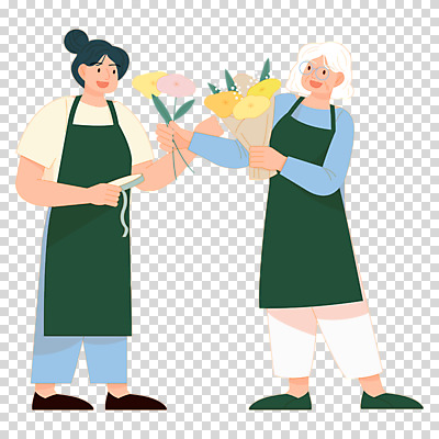 전신 편집이미지 여자 노년 꽃 리본 꽃다발 들기 누끼 성인 취미 두명 주기 원예 만들기 PNG 플로리스트 여자만 식물 직업 모션 사람 파일형식
