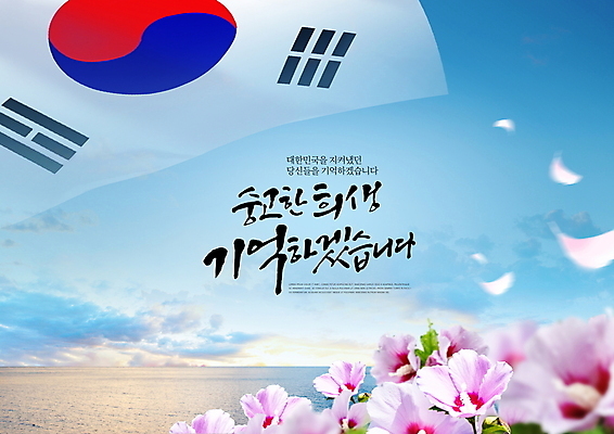 PSD 구름 편집이미지 꽃잎 바다 캘리그라피 하늘 사람없음 태극기 6월 무궁화 호국보훈의달 이미지편집 자연요소 꽃 날짜 국기 파일형식
