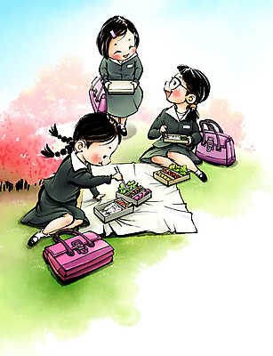 전신 PSD 나무 여학생 여자 교복 일러스트 중학생 청소년 고등학생 붓터치 책가방 들기 앉기 풍경 잔디 세명 친구 숲 먹기 언덕 돗자리 복고 도시락 봄소풍 십대여자만 국내일러스트 식물 학생 옷 음식 가방 관계 모션 사람 소풍 봄 여자만 십대만 파일형식