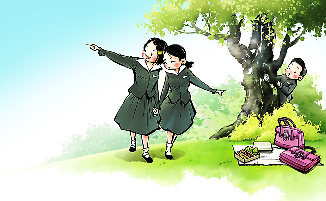 전신 PSD 나무 응시 여학생 여자 남자 교복 남학생 일러스트 중학생 청소년 고등학생 붓터치 책가방 풍경 잔디 상반신 세명 친구 손잡기 가리킴 숲 엿보기 언덕 복고 도시락 봄소풍 숨기 십대만 국내일러스트 식물 학생 시선 옷 음식 가방 관계 모션 사람 손짓 소풍 봄 파일형식