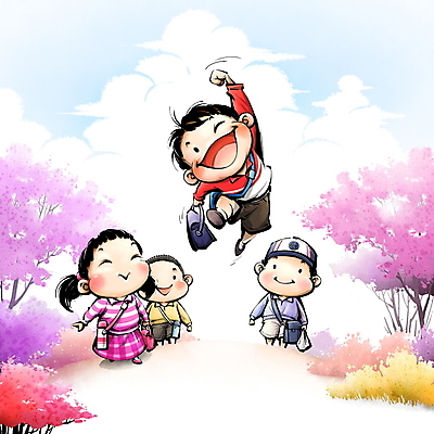 전신 PSD 나무 구름 여학생 여자 남자 초등학생 어린이 남학생 가방 일러스트 붓터치 풍경 소녀 소년 여러명 친구 점프 숲 물통 언덕 복고 도시락 봄소풍 어린이만 국내일러스트 자연요소 식물 학생 잡화 음식 다수 관계 모션 사람 소풍 봄 파일형식