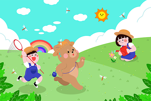 전신 구름 캐릭터 여자 남자 꽃 어린이 무지개 잎 일러스트 곰 나뭇잎 들기 앉기 소녀 소년 두명 태양 물뿌리개 잠자리 무릎꿇기 탈출 물주기 채집망 어린이만 국내일러스트 일러캐릭터 AI파일 자연요소 식물 동물 곤충 컨셉 포유류 모션 사람 파일형식 벡터