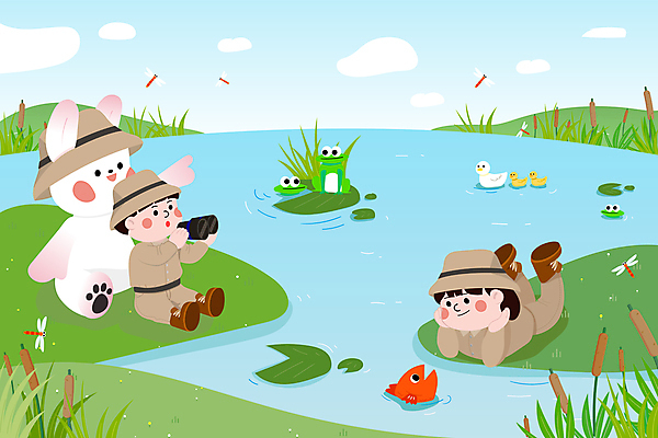 전신 캐릭터 여자 남자 어린이 엎드리기 일러스트 오리 개구리 어류 들기 앉기 소녀 소년 두명 망원경 가리킴 토끼 관찰 잠자리 버드나무 연잎 어린이만 국내일러스트 일러캐릭터 AI파일 나무 곤충 잎 포유류 모션 조류 양서류 사람 손짓 반려동물 수중동물 파일형식 벡터