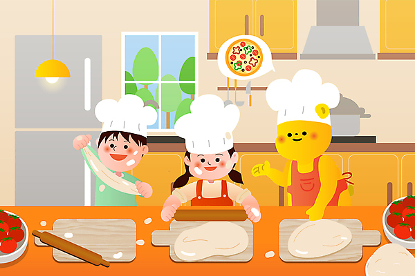 캐릭터 여자 남자 어린이 말풍선 토마토 일러스트 창문 곰 전등 도마 피자 요리사모자 요리 들기 소녀 소년 상반신 두명 주방 싱크대 반죽 밀가루 냉장고 밀대 어린이만 국내일러스트 일러캐릭터 AI파일 동물 모자_잡화 채소 포유류 모션 주방용품 조명 패스트푸드 서양음식 사람 요리사 가전제품 가루 개수대 파일형식 벡터