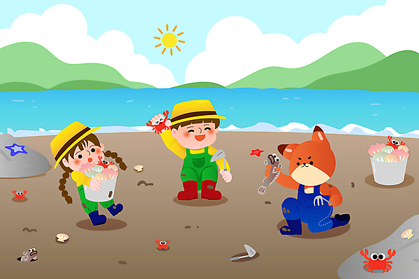 전신 캐릭터 여자 남자 어린이 바다 일러스트 조개 불가사리 들기 소녀 소년 두명 게 양동이 여우 갯벌 망둥어 호미 어린이만 국내일러스트 일러캐릭터 AI파일 포유류 모션 어패류 극피동물 갑각류 사람 농기구 파일형식 벡터