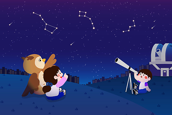 전신 캐릭터 여자 남자 어린이 일러스트 밤하늘 앉기 소녀 소년 두명 파란색 망원경 별자리 가리킴 관찰 야간 유성 부엉이 천문대 빌딩숲 북두칠성 어린이만 국내일러스트 일러캐릭터 AI파일 자연요소 컬러 모션 조류 하늘 사람 손짓 빌딩 파일형식 벡터