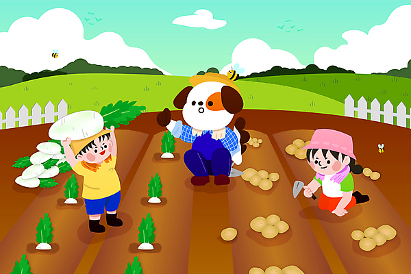 전신 캐릭터 여자 남자 어린이 일러스트 감자 들기 소녀 소년 초원 두명 울타리 수확 강아지 꿀벌 무릎꿇기 무 따봉 텃밭 호미 어린이만 국내일러스트 일러캐릭터 AI파일 밭 농업 채소 모션 뿌리채소 사람 담장 반려동물 최고 개 벌_곤충 농기구 파일형식 벡터