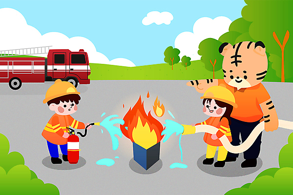 전신 나무 캐릭터 여자 남자 어린이 일러스트 불 들기 소녀 소년 두명 가리킴 호랑이 소방관 물주기 소화_소방 소방차 소화기 소방호스 어린이만 방호복 소방교육 국내일러스트 일러캐릭터 AI파일 자연요소 식물 옷 교육 포유류 모션 자동차 사람 손짓 안전장비 구조원 소방 호스 파일형식 벡터