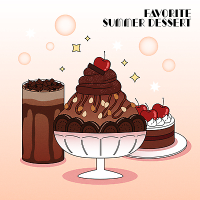 분홍색 일러스트 아이스크림 디저트 여름음식 타이포그라피 사람없음 여름 반짝임 갈색 초콜릿 카페 체리 빙수 그라데이션 라떼 국내일러스트 AI파일 문자 계절 커피 음식 컬러 과일 모션 상점 파일형식 벡터 여름_계절