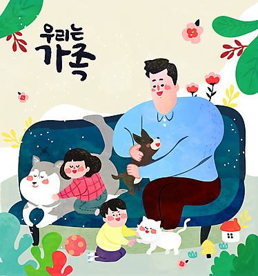 전신 여자 남자 꽃 반려견 어린이 일러스트 공 가족 안기 나뭇잎 앉기 소녀 소년 성인 세명 소파 시베리안허스키 쓰다듬기 반려묘 국내일러스트 AI파일 식물 잎 의자 관계 모션 사람 반려동물 고양이 개 파일형식 벡터