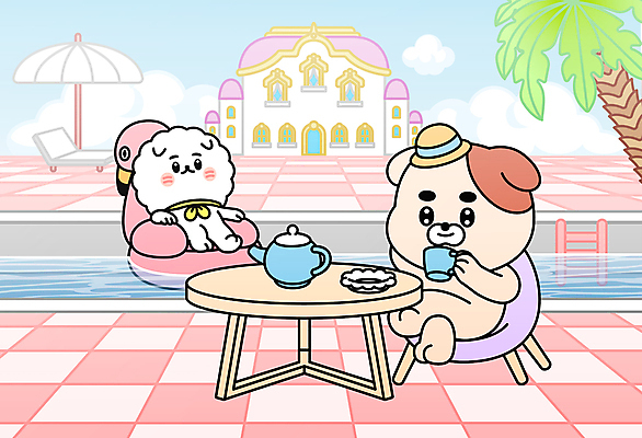 반려견 의자 일러스트 탁자 티타임 수영장 들기 앉기 사람없음 야자수 기댐 파라솔 강아지 찻잔 찻주전자 개캐릭터 차마시기 애완호텔 플라밍고튜브 세계강아지의날 국내일러스트 AI파일 나무 기념일 동물캐릭터 가구 모션 호텔 주전자 휴식 잔 반려동물 마시기 개 튜브 파일형식 벡터