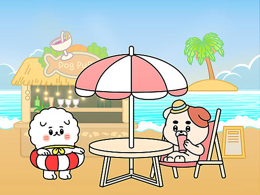 반려견 의자 일러스트 들기 앉기 해변 사람없음 야자수 파라솔 강아지 해수욕장 개캐릭터 칵테일바 튜브 야외테이블 세계강아지의날 국내일러스트 AI파일 나무 기념일 바다 동물캐릭터 가구 모션 탁자 반려동물 선술집 개 파일형식 벡터