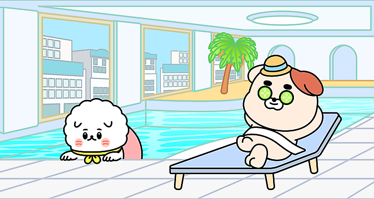 반려견 일러스트 수영장 빌딩 사람없음 야자수 눕기 수영 잡기 강아지 선베드 개캐릭터 튜브 오이마사지 세계강아지의날 국내일러스트 AI파일 나무 기념일 동물캐릭터 의자 모션 건물 반려동물 수상스포츠 마사지 개 파일형식 벡터