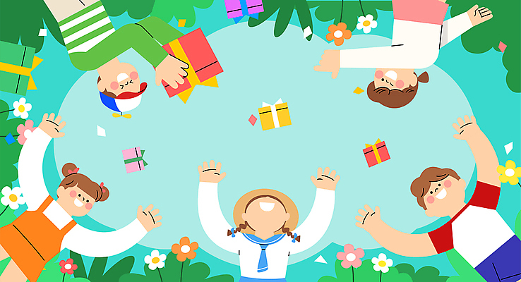 여자 남자 꽃 어린이 하늘색 일러스트 선물 들기 소녀 소년 잔디 여러명 상반신 선물상자 손들기 기쁨 만세 가리킴 어린이날 즐거움 가정의달 어린이만 국내일러스트 AI파일 식물 기념일 감정 다수 모션 사람 손짓 파란색 상자 5월 파일형식 벡터