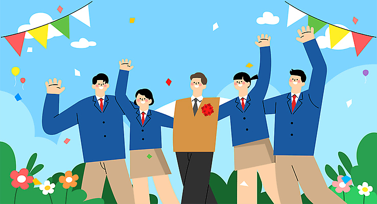 학생 여자 남자 꽃 교복 하늘색 일러스트 학교 청소년 어깨동무 여러명 상반신 성인 손들기 교사 축하 스승의날 카네이션 즐거움 꽃가루 가정의달 가랜드 국내일러스트 AI파일 식물 직업 옷 교육 기념일 감정 포즈 다수 컨셉 모션 사람 파란색 5월 가루 파티용품 파일형식 벡터