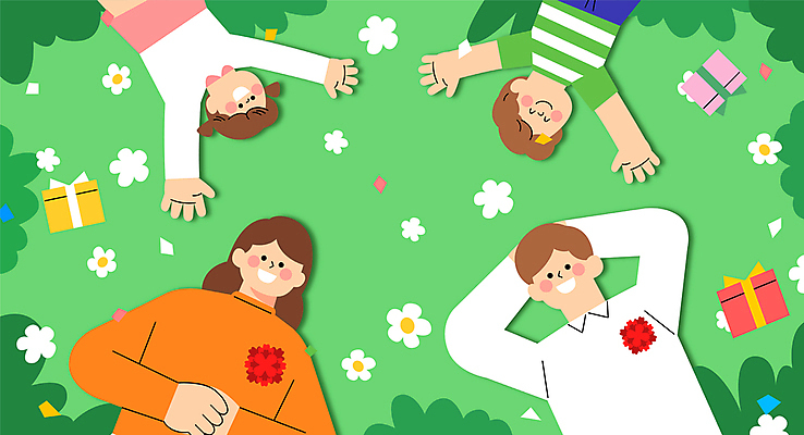 여자 남자 꽃 어린이 일러스트 선물 소녀 소년 여러명 상반신 성인 연두색 선물상자 부모 눕기 만세 어버이날 카네이션 즐거움 가정의달 국내일러스트 AI파일 식물 기념일 감정 다수 가족 모션 사람 초록색 상자 5월 파일형식 벡터