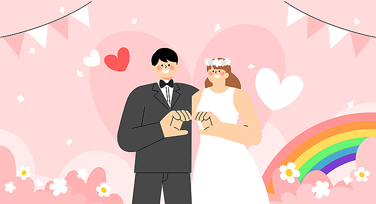 부부 여자 남자 꽃 분홍색 웨딩드레스 결혼 무지개 일러스트 턱시도 상반신 성인 두명 하트 즐거움 가정의달 손하트 가랜드 부부의날 성인만 국내일러스트 AI파일 자연요소 모양 식물 커플 드레스 기념일 감정 컬러 사람 정장 손짓 이벤트 5월 파티용품 파일형식 벡터