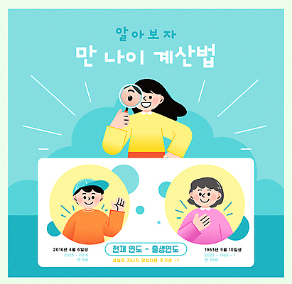 여자 노년 남자 어린이 캠페인 하늘색 일러스트 돋보기 안내 들기 소녀 소년 상반신 세명 손들기 정보 계산 연도 연령 정책 국내일러스트 AI파일 모션 사람 성인 파란색 파일형식 벡터